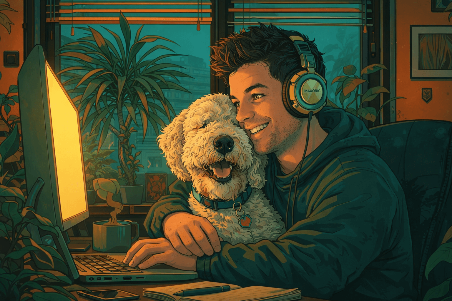 Andrew Blake at his desk with his dog Ted, headphones on, coffee at hand